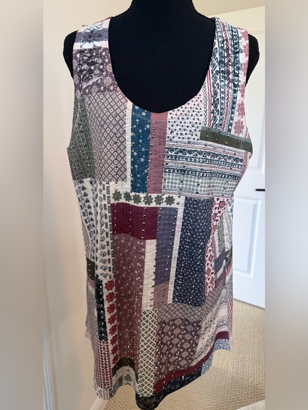 Vocal Patchwork Scoop Neck Tank Top - Blue, Green, Burgundy, Cream